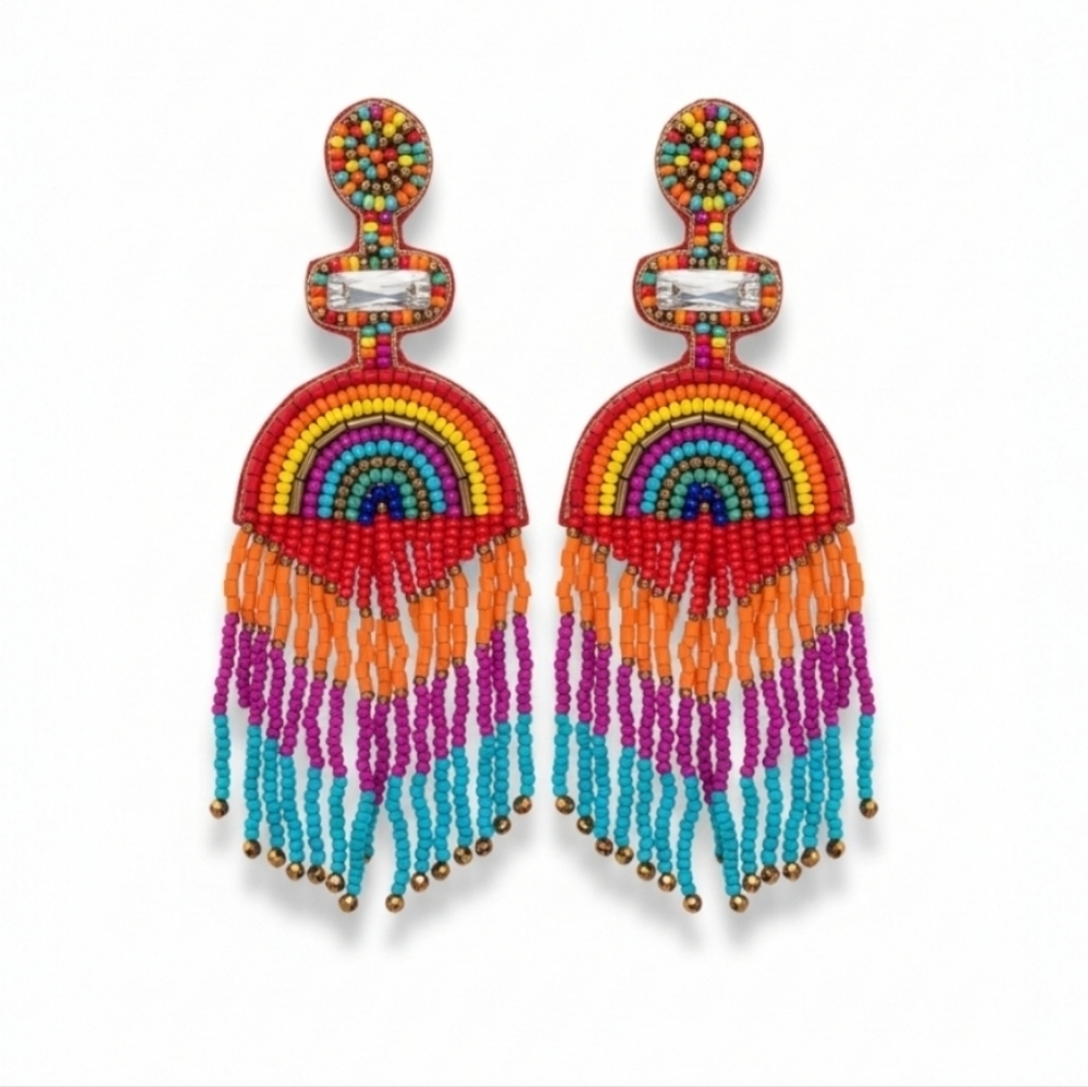Colorful Seed Beaded Fringe Earrings Rainbow Boho Festival New - Picture 2 of 3